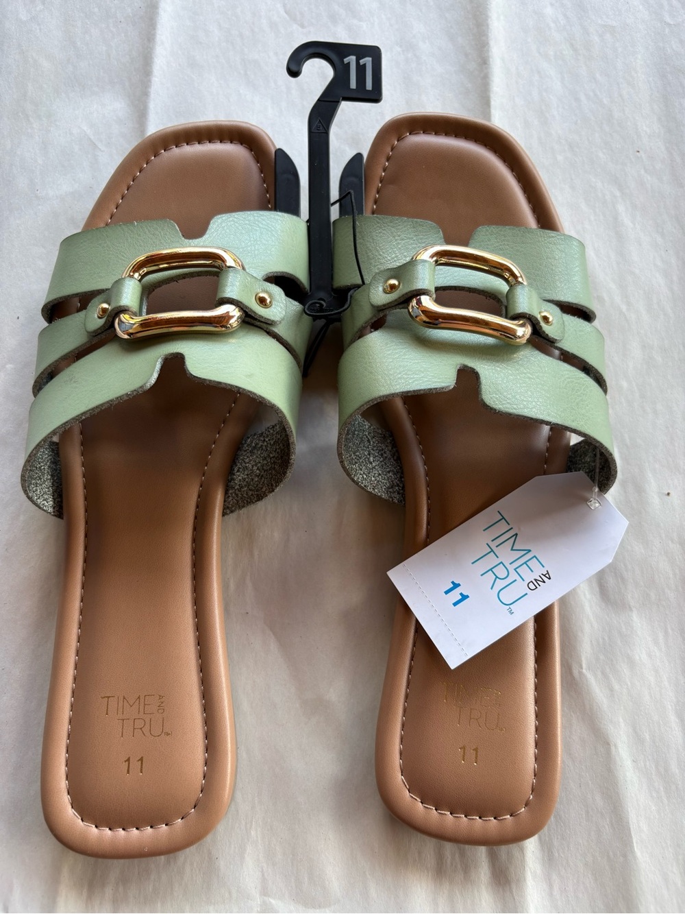 Time and Tru Olive Slide Sandals with Gold Buckle Accent - Picture 2 of 4